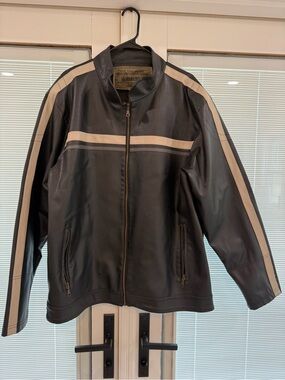 Machine Black faux Leather Bomber Jacket with Cream Stripes
